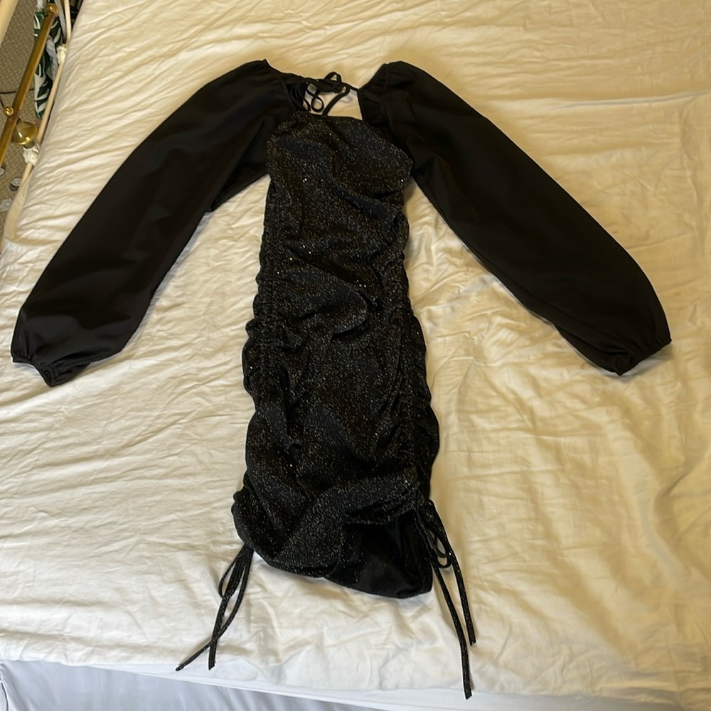 Black Sparkly Body Con Dress with Baggy Sleeves for Women